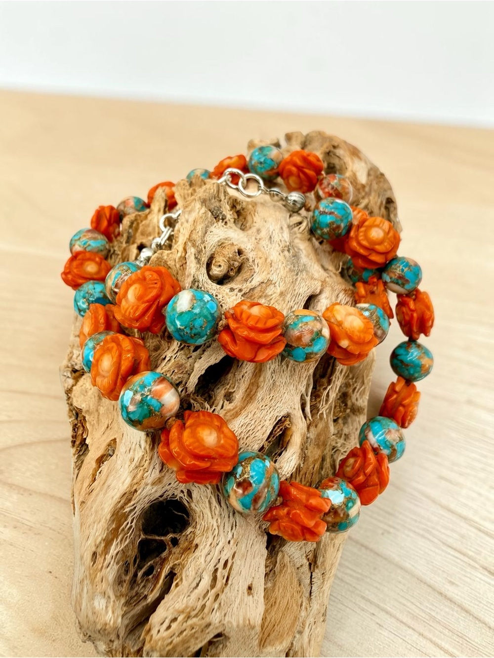 Artisan Spiny Oyster Mohave Copper Turquoise Coral Roses Sterling Necklace 18” - Picture 12 of 17
